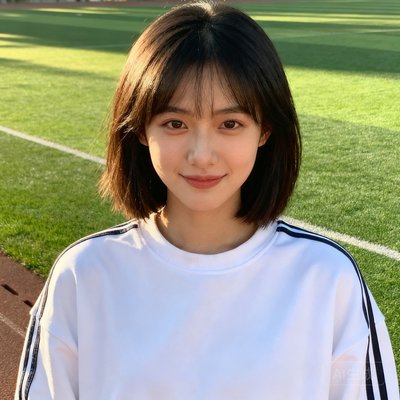 一位年轻女性用户李女士的正面半身照，她留着齐肩短发，穿着白色运动卫衣，站在户外绿茵场边，阳光洒在脸上显得充满活力